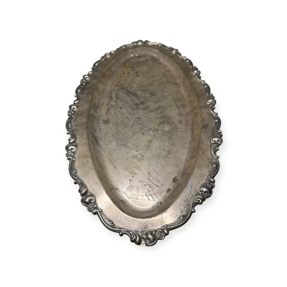 Antique 1950’s: Camusso 𖦹 Water Lily Oval Sterling Silver Tray 𖦹 .925 Patinated
